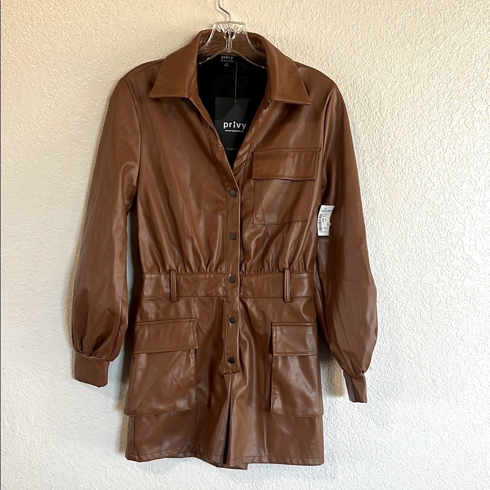 Privy Brown Faux Leather Romper with Wide Collar Size Small
